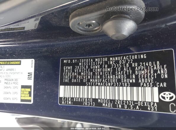 5YFEPMAE6NP317183 2022 TOYOTA COROLLA Blue Widok komory silnika