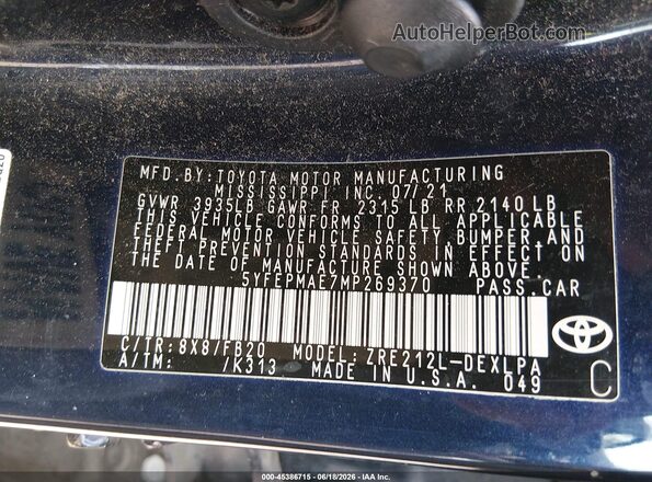 5YFEPMAE7MP269370 2021 TOYOTA COROLLA Blue Widok komory silnika