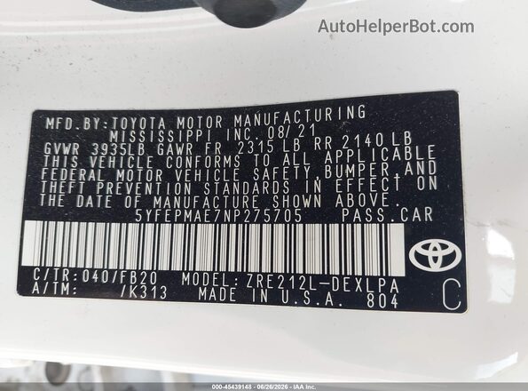 5YFEPMAE7NP275705 2022 TOYOTA COROLLA Белый Вид подкапотного пространства
