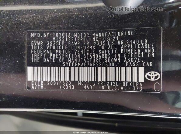 5YFEPMAE7NP280600 2022 TOYOTA COROLLA Black Engine compartment view