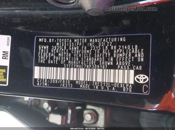 5YFEPMAE7NP309187 2022 TOYOTA COROLLA Black Вид підкапотного простору