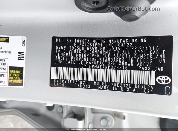 5YFEPMAE7NP326846 2022 TOYOTA COROLLA Silver ძრავის განყოფილების ხედი