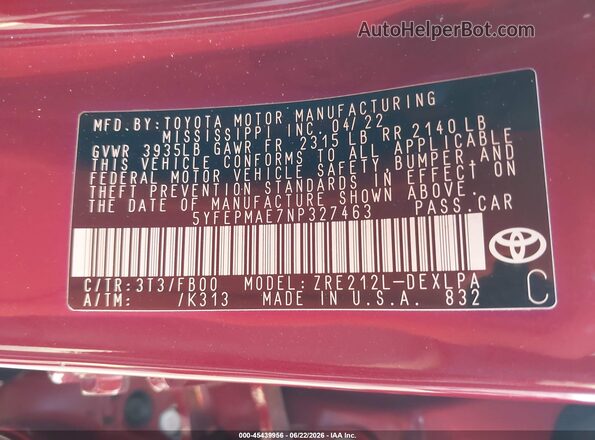 5YFEPMAE7NP327463 2022 TOYOTA COROLLA Red Engine compartment view