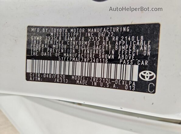 5YFEPMAE7NP340116 2022 TOYOTA COROLLA White Вид підкапотного простору