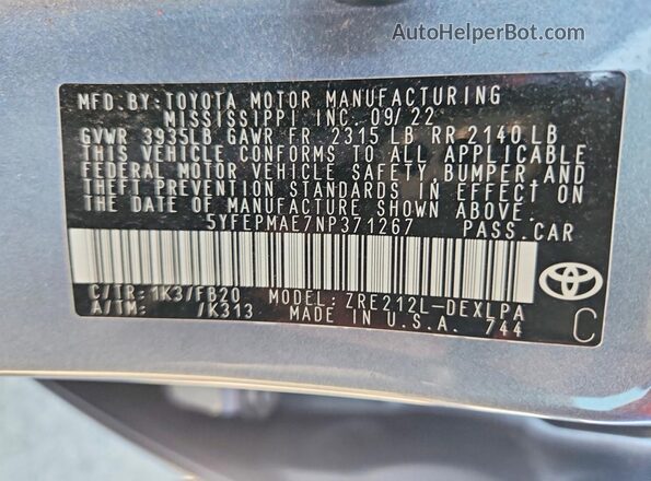 5YFEPMAE7NP371267 2022 TOYOTA COROLLA Blue 