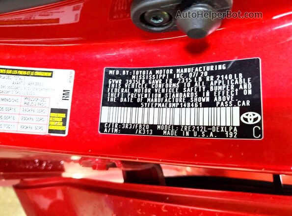 5YFEPMAE8MP148461 2021 TOYOTA COROLLA Red Vista de la etiqueta del VIN