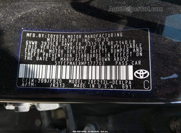 5YFEPMAE8MP177703 2021 TOYOTA COROLLA Black Vista del compartimento del motor