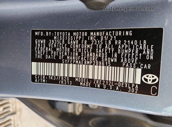 5YFEPMAE8MP209615 2021 TOYOTA COROLLA Blue VIN sticker view