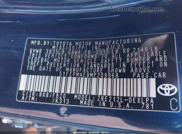 5YFEPMAE8MP209968 2021 TOYOTA COROLLA Blue Engine compartment view