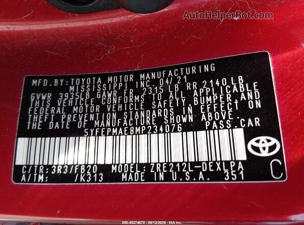 5YFEPMAE8MP234076 2021 TOYOTA COROLLA Red Вид підкапотного простору