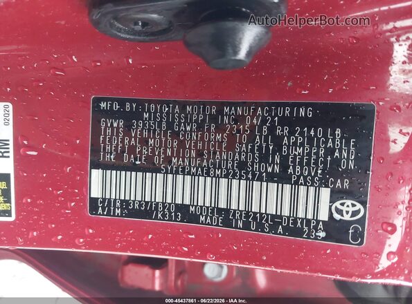 5YFEPMAE8MP235471 2021 TOYOTA COROLLA Красный Вид подкапотного пространства
