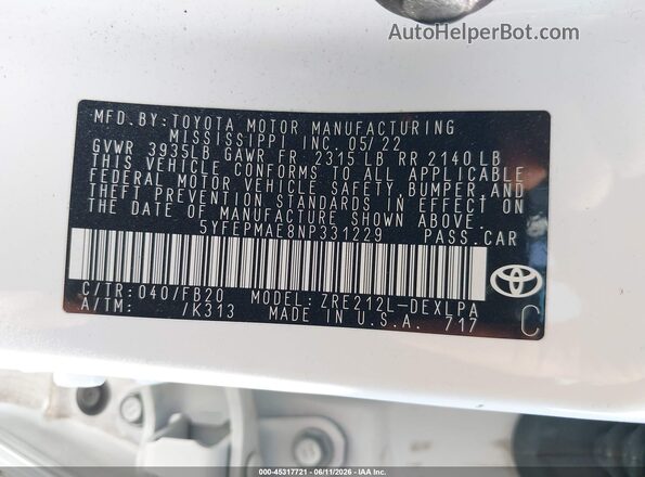 5YFEPMAE8NP331229 2022 TOYOTA COROLLA White Widok komory silnika