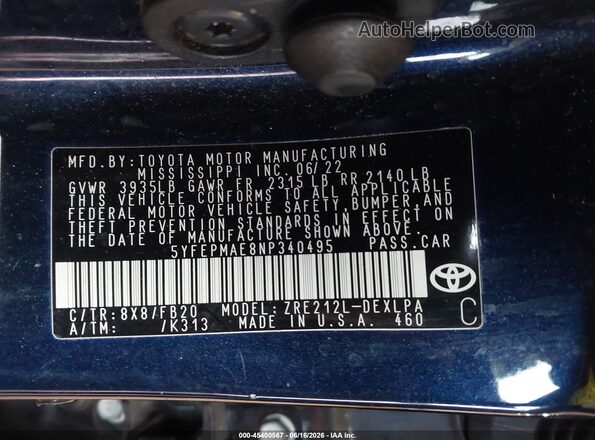 5YFEPMAE8NP340495 2022 TOYOTA COROLLA Purple Вид підкапотного простору
