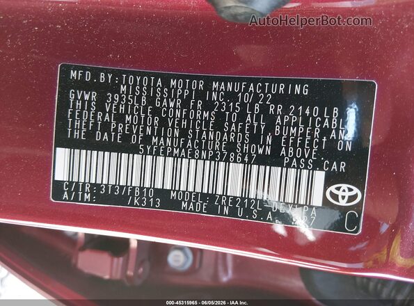5YFEPMAE8NP378647 2022 TOYOTA COROLLA Red Engine compartment view