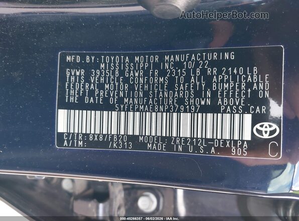 5YFEPMAE8NP379197 2022 TOYOTA COROLLA Dark Blue Вид подкапотного пространства