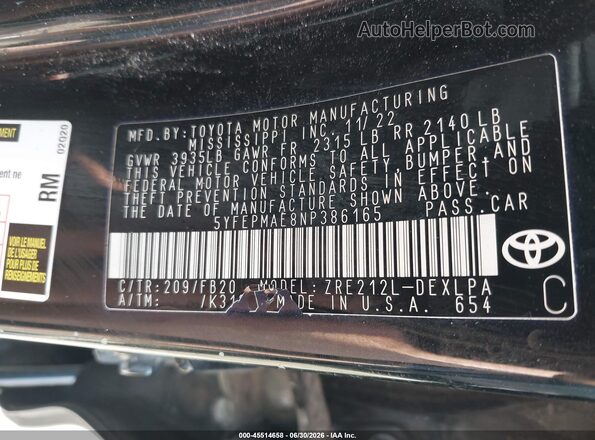5YFEPMAE8NP386165 2022 TOYOTA COROLLA Черный Вид подкапотного пространства
