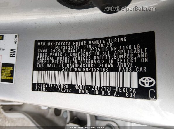 5YFEPMAE9MP152163 2021 TOYOTA COROLLA Silver Engine compartment view