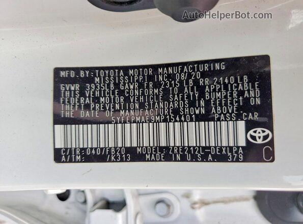 5YFEPMAE9MP154401 2021 TOYOTA COROLLA White 
