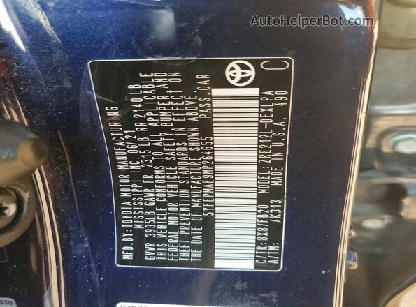 5YFEPMAE9MP264655 2021 TOYOTA COROLLA Blue Вид підкапотного простору