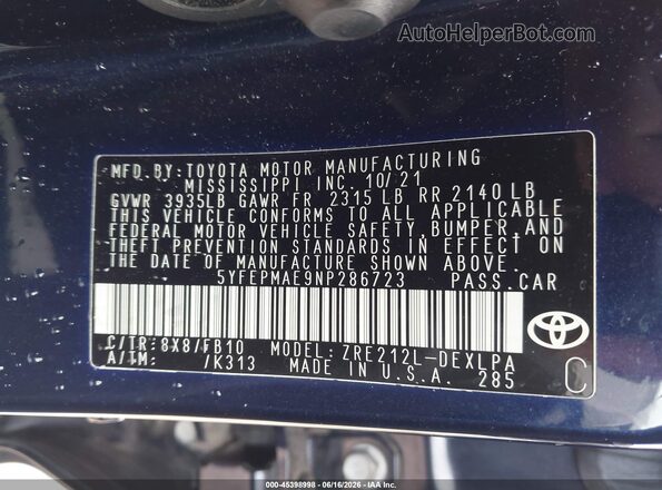 5YFEPMAE9NP286723 2022 TOYOTA COROLLA Blue Engine compartment view