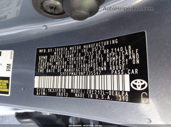 5YFEPMAE9NP335547 2022 TOYOTA COROLLA Blue Widok komory silnika