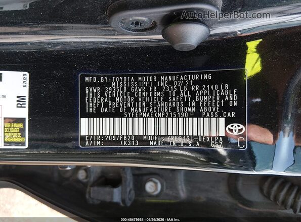 5YFEPMAEXMP215190 2021 TOYOTA COROLLA Black Engine compartment view