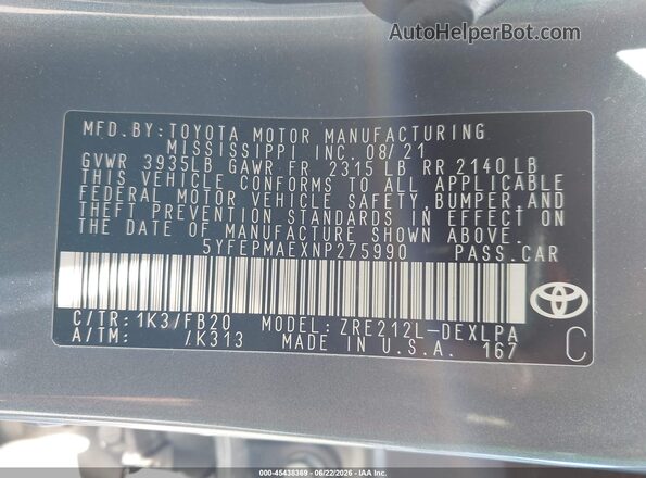 5YFEPMAEXNP275990 2022 TOYOTA COROLLA Light Blue Engine compartment view