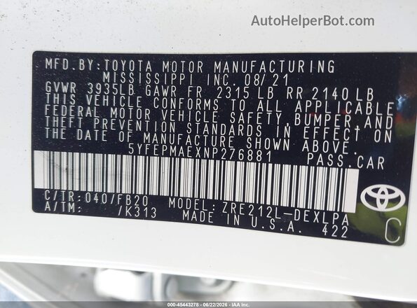 5YFEPMAEXNP276881 2022 TOYOTA COROLLA Белый Вид подкапотного пространства