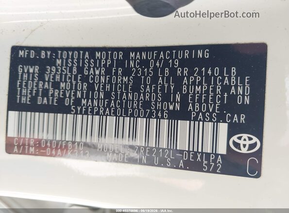 5YFEPRAE0LP007346 2020 TOYOTA COROLLA White Շարժիչի բաժամունքի տեսք