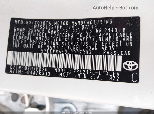 5YFEPRAE0LP037303 2020 TOYOTA COROLLA Белый Вид подкапотного пространства