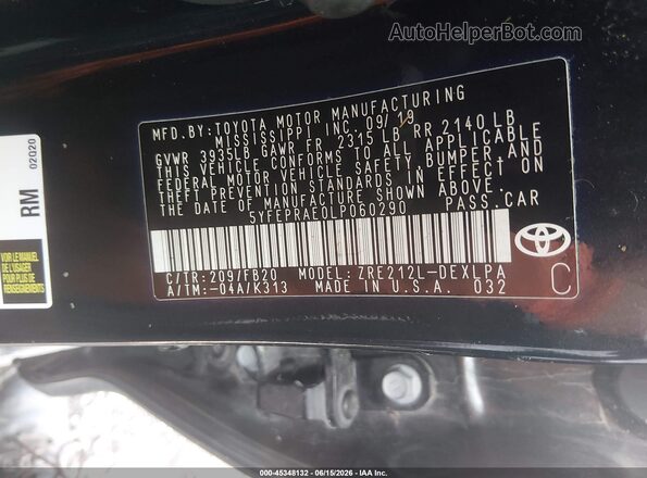5YFEPRAE0LP060290 2020 TOYOTA COROLLA Black ძრავის განყოფილების ხედი