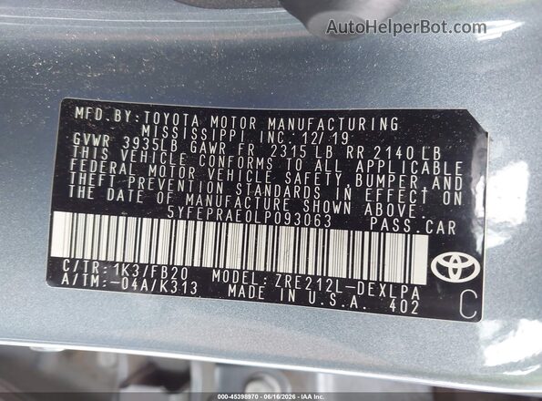 5YFEPRAE0LP093063 2020 TOYOTA COROLLA Blue ძრავის განყოფილების ხედი