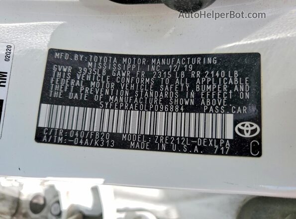 5YFEPRAE0LP096884 2020 TOYOTA COROLLA White 