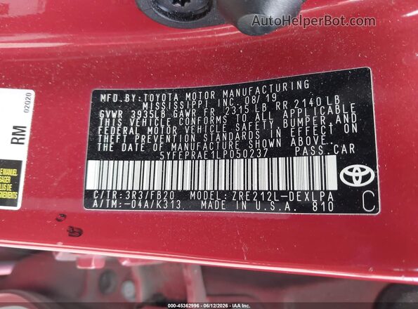 5YFEPRAE1LP050237 2020 TOYOTA COROLLA Red Engine compartment view