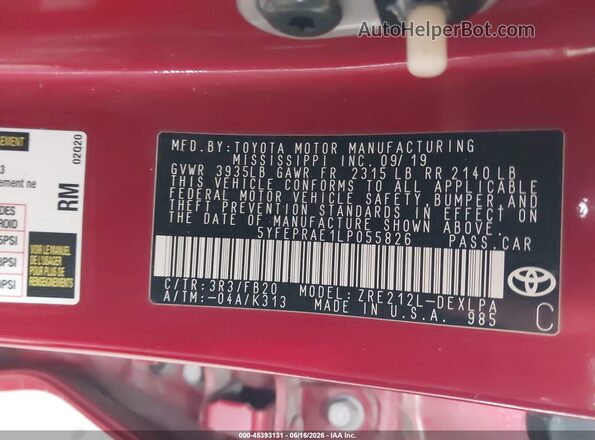 5YFEPRAE1LP055826 2020 TOYOTA COROLLA Red Вид підкапотного простору