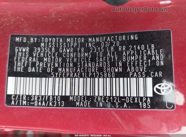 5YFEPRAE1LP125860 2020 TOYOTA COROLLA Red Շարժիչի բաժամունքի տեսք