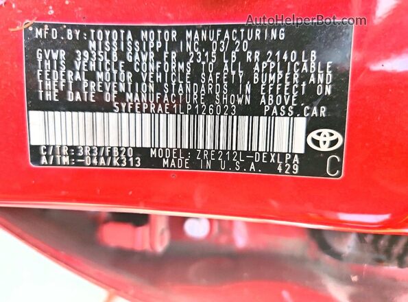 5YFEPRAE1LP126023 2020 TOYOTA COROLLA Red 