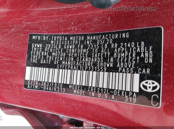 5YFEPRAE1LP131559 2020 TOYOTA COROLLA Red Շարժիչի բաժամունքի տեսք