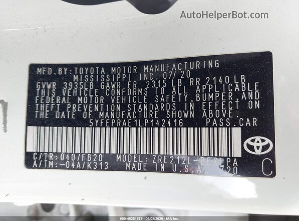 5YFEPRAE1LP142416 2020 TOYOTA COROLLA White 