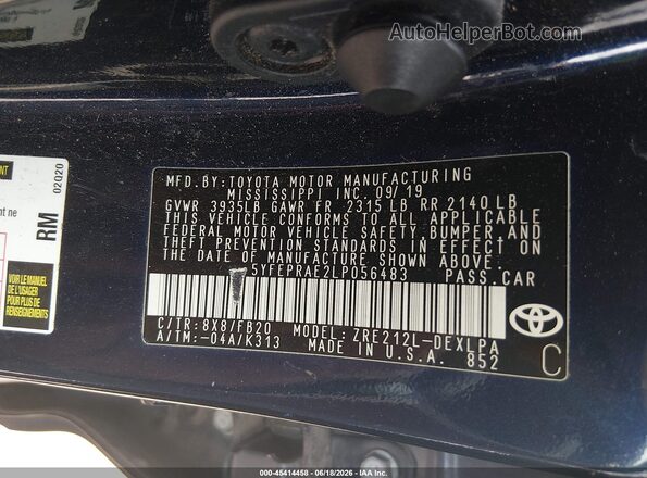 5YFEPRAE2LP056483 2020 TOYOTA COROLLA Dark Blue Widok komory silnika