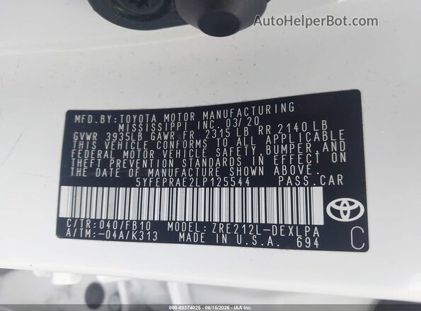 5YFEPRAE2LP125544 2020 TOYOTA COROLLA White Շարժիչի բաժամունքի տեսք