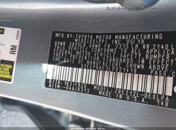 5YFEPRAE3LP021418 2020 TOYOTA COROLLA Silver 