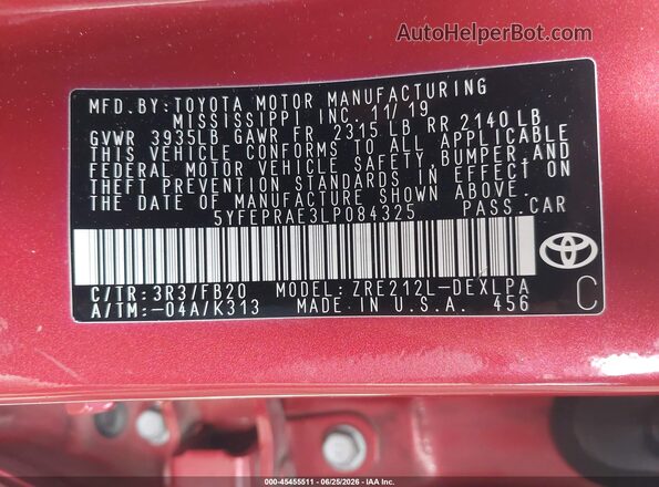5YFEPRAE3LP084325 2020 TOYOTA COROLLA Red Շարժիչի բաժամունքի տեսք