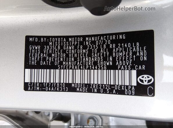 5YFEPRAE4LP144256 2020 TOYOTA COROLLA Silver 