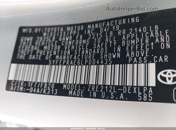 5YFEPRAE6LP004435 2020 TOYOTA COROLLA Silver ძრავის განყოფილების ხედი