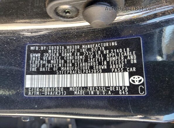 5YFEPRAE6LP042859 2020 TOYOTA COROLLA Black 