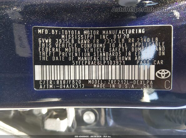5YFEPRAE6LP103921 2020 TOYOTA COROLLA Blue ძრავის განყოფილების ხედი