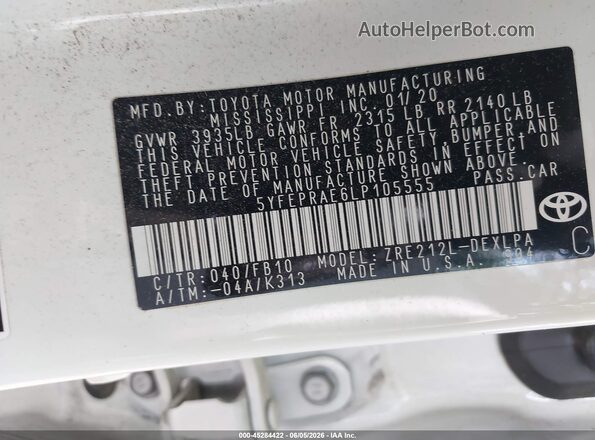 5YFEPRAE6LP105555 2020 TOYOTA COROLLA White 