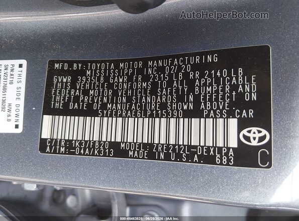 5YFEPRAE6LP115390 2020 TOYOTA COROLLA Light Blue Շարժիչի բաժամունքի տեսք