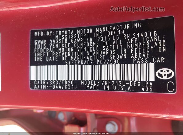 5YFEPRAE7LP027996 2020 TOYOTA COROLLA Red 